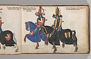 Album of Tournaments and Parades in Nuremberg, Pen and ink, watercolor, gold and silver washes; paper bound in gold-tooled leather, German, Nuremberg