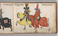 Album of Tournaments and Parades in Nuremberg, Pen and ink, watercolor, gold and silver washes; paper bound in gold-tooled leather, German, Nuremberg