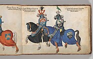 Album of Tournaments and Parades in Nuremberg, Pen and ink, watercolor, gold and silver washes; paper bound in gold-tooled leather, German, Nuremberg