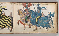 Album of Tournaments and Parades in Nuremberg, Pen and ink, watercolor, gold and silver washes; paper bound in gold-tooled leather, German, Nuremberg