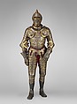 Armor of Henry II, King of France (reigned 1547–59), Part of the decoration design by Jean Cousin the Elder (French, Souci (?) ca. 1490–ca. 1560 Paris (?)), Steel, gold, silver, leather, textile, French, possibly Paris