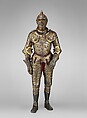 Armor of Henry II, King of France (reigned 1547–59), Part of the decoration design by Jean Cousin the Elder (French, Souci (?) ca. 1490–ca. 1560 Paris (?)), Steel, gold, silver, leather, textile, French, possibly Paris