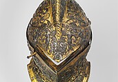 Armor of Henry II, King of France (reigned 1547–59), Part of the decoration design by Jean Cousin the Elder (French, Souci (?) ca. 1490–ca. 1560 Paris (?)), Steel, gold, silver, leather, textile, French, possibly Paris