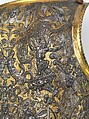 Armor of Henry II, King of France (reigned 1547–59), Part of the decoration design by Jean Cousin the Elder (French, Souci (?) ca. 1490–ca. 1560 Paris (?)), Steel, gold, silver, leather, textile, French, possibly Paris