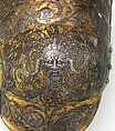 Armor of Henry II, King of France (reigned 1547–59), Part of the decoration design by Jean Cousin the Elder (French, Souci (?) ca. 1490–ca. 1560 Paris (?)), Steel, gold, silver, leather, textile, French, possibly Paris