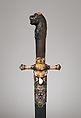 Hunting Sword, Emanuel Pioté  Austrian, Steel, gold, enamel, agate, wood, leather, Austrian, Vienna