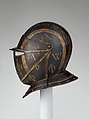 Close Helmet for a Cuirassier, Steel, gold, copper alloy, leather, Italian
