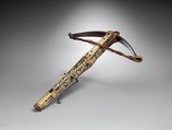 Crossbow (Halbe Rüstung) with Cranequin (Winder), Steel, wood (core: probably fruitwood, possibly pear; repair at cheek includes walnut), staghorn, copper alloy, hemp, leather, polychromy, crossbow, possibly Bavarian; cranequin, probably southern German