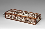 Box For Crossbow Bolts (<i>Bolzenkasten</i>), Probably Made for William IV, Duke of Bavaria (r. 1508–50), Hans Wagner the Elder (German, Munich, recorded 1539–56), Wood (lid and front panel: fruitwood, possibly pear; bottom: walnut; inlay: possibly sycamore; later repairs: mahogany moldings and Indian rosewood veneers on sides), staghorn, iron, gold, paste, paper, German, Munich