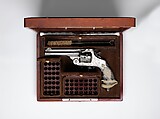 Smith and Wesson .44 Double-Action Revolver for George Jay Gould (1864–1923), serial no. 23402, with Case and Cleaning Brush, Smith &amp; Wesson (American, established 1852), Steel, silver, ivory, wood, paper, textile, leather, gold, copper alloy, iron, silver substitute, fiber, American, Springfield, Massachusetts and New York