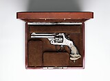 Smith and Wesson .44 Double-Action Revolver for George Jay Gould (1864–1923), serial no. 23402, with Case and Cleaning Brush, Smith &amp; Wesson (American, established 1852), Steel, silver, ivory, wood, paper, textile, leather, gold, copper alloy, iron, silver substitute, fiber, American, Springfield, Massachusetts and New York