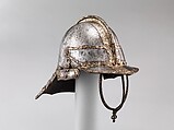 Helmet for a Harquebusier, Probably made in the Royal Workshops at Greenwich (British, Greenwich, 1511–1640s), Steel, silver, gold, copper alloy, textile, British, London or Greenwich