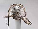 Helmet for a Harquebusier, Probably made in the Royal Workshops at Greenwich (British, Greenwich, 1511–1640s), Steel, silver, gold, copper alloy, textile, British, London or Greenwich