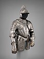 Infantry Armor, Upper plate of the gorget, skirt lames, and cheek pieces made by Daniel Tachaux (French, 1857–1928, active in France and America) in the Metropolitan Museum of Art, Armor Workshop, Steel, leather, brass, Italian