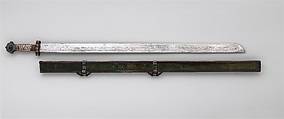 Sword, Scabbard, and Belt Hook, Steel, silver, copper, gold, coral, wood, leather, Tibetan