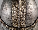 Helmet for a Harquebusier, Probably made in the Royal Workshops at Greenwich (British, Greenwich, 1511–1640s), Steel, silver, gold, copper alloy, textile, British, London or Greenwich