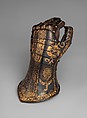 Left Gauntlet of Henry (1594–1612), Prince of Wales, Made under the direction of Jacob Halder (British, master armorer at the royal workshops at Greenwich, documented in England 1558–1608), Steel, gold, leather, textile, British, Greenwich