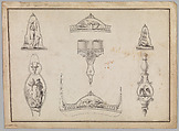 Drawing with Seven Designs for Firearms Ornament, Jean-Francois Lucas (French, 1747–1825), Pen and black ink, with gray wash and traces of graphite, on paper, French