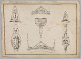 Drawing with Seven Designs for Firearms Ornament, Jean-Francois Lucas (French, 1747–1825), Pen and black ink, with gray wash and traces of graphite, on paper, French