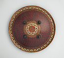 Shield (Dhál), Signed by Khooshal Dhunjee & Sons (Indian, Ahmedabad, 19th century), Leather, brass, textile, pigment, Indian, Gujarat