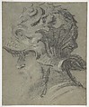 Study of a Bearded Man Wearing the Negroli Helmet of Guidobaldo II della Rovere, Duke of Urbino, Charcoal or black chalk, highlighted with white chalk, on blue paper (faded to blue-gray), Italian, Venice