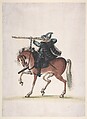 Drawing of a Mounted Arquebusier (Soldier on Horseback), Water color, paper, Austrian