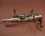 Crossbow, Cranequin and Six Crossbow Bolts, Steel, wood (probably cherry, and possibly service tree), ivory (probably elephant), horn, mother-of-pearl, iron alloy, copper alloy, hemp, southern German or Tyrolese; cranequin probably German or Swiss