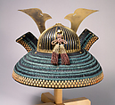 Helmet (Suji-kabuto Akoda-nari), Iron, lacquer, copper, gold, silk, Japanese