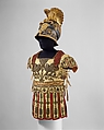 Costume Armor and Sword in the Classical Style, Helmet includes original paper label of Hallé (French, Paris, active ca. 1780–1800), Linen, papier-mâché, bole, gold leaf, graphite (helmet); silk, cotton, metal coils and spangles, metallic yarn (tunic); steel, wood, gesso, silver, gold leaf (sword), French, Paris
