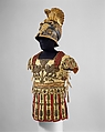 Costume Armor in the Classical Style, Helmet includes original paper label of Hallé (French, Paris, active ca. 1780–1800), Helmet: linen, papier-mâché, bole, gold leaf, graphite; tunic: silk, cotton, metal coils and spangles, metallic yarn, French, Paris