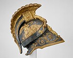Costume Armor and Sword in the Classical Style, Helmet includes original paper label of Hallé (French, Paris, active ca. 1780–1800), Linen, papier-mâché, bole, gold leaf, graphite (helmet); silk, cotton, metal coils and spangles, metallic yarn (tunic); steel, wood, gesso, silver, gold leaf (sword), French, Paris