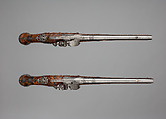 Pair of Flintlock Pistols Made for Christian Ernst, Margrave of Brandenburg-Ansbach-Bayreuth-Kulmbach, Charles Froment (French, active Germany, 1657–1722), Steel, wood, silver, Franco-German, Erlangen-Neustadt