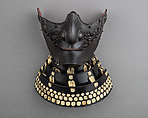 Half Mask (Menpō) and Gorget, Chiselled steel, leather, lacquer, Japanese