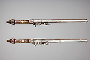 Pair of Wheellock Pistols Made for the Bodyguard of the Prince-Elector of Saxony, Simon Helbig (German, Dresden, recorded 1609–1642), Steel, gold, brass, staghorn, wood (beech), German, Dresden