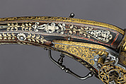 Pair of Wheellock Pistols, Decoration on the stocks copied in part from engravings by Etienne Delaune (French, Orléans 1518/19–1583 Strasbourg), Steel, gold, silver, brass, wood (walnut), staghorn, pigment, French