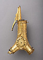 Powder Flask with Bullet Box, Clock, Compass, and Sundial, Brass, gold, steel, glass, German, Augsburg or Nuremberg