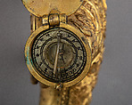 Powder Flask with Bullet Box, Clock, Compass, and Sundial, Brass, gold, steel, glass, German, Augsburg or Nuremberg