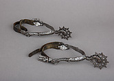 Pair of Rowel Spurs, Iron alloy, leather, possibly tin, German