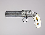 Cased Six-Barreled Revolving Percussion Pistol ("Pepperbox"), Ethan Allen (American, 1808–1871), Steel, gold, silver, ivory, wood (rosewood), velvet, American, Norwich, Connecticut