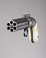 Cased Six-Barreled Revolving Percussion Pistol ("Pepperbox"), Ethan Allen (American, 1808–1871), Steel, gold, silver, ivory, wood (rosewood), velvet, American, Norwich, Connecticut