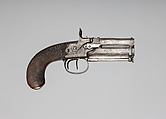Forsyth Patent Second Model Sliding Primer Over-and-Under Pistol with Case and Accessories, Alexander John Forsyth (British, 1768–1843), Pistol: steel, wood (walnut), silver; case: wood (mahogany), brass, textile, ivory; flask: ivory; oil can: steel; cleaning rod: brass, steel, British, London