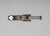 Forsyth Patent Second Model Sliding Primer Over-and-Under Pistol with Case and Accessories, Alexander John Forsyth (British, 1768–1843), Pistol: steel, wood (walnut), silver; case: wood (mahogany), brass, textile, ivory; flask: ivory; oil can: steel; cleaning rod: brass, steel, British, London