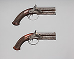 Pair of Over-and-Under Tube-Lock Percussion Pistols with Case and Accessories, Durs Egg (British, born Switzerland, baptized Oberbuchsiten, Switzerland 1748–1831 London), Pistols: steel, wood (walnut, rosewood), gold, platinum, brass, horn; case: wood (mahogany), textile, brass, bone, paper; powder flask: brass, steel, wood, leather; bullet mold: steel; box with patches: textile, paper, tin, British, London