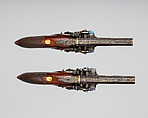 Pair of Over-and-Under Tube-Lock Percussion Pistols with Case and Accessories, Durs Egg (British, born Switzerland, baptized Oberbuchsiten, Switzerland 1748–1831 London), Pistols: steel, wood (walnut, rosewood), gold, platinum, brass, horn; case: wood (mahogany), textile, brass, bone, paper; powder flask: brass, steel, wood, leather; bullet mold: steel; box with patches: textile, paper, tin, British, London