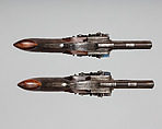 Pair of Over-and-Under Tube-Lock Percussion Pistols with Case and Accessories, Durs Egg (British, born Switzerland, baptized Oberbuchsiten, Switzerland 1748–1831 London), Pistols: steel, wood (walnut, rosewood), gold, platinum, brass, horn; case: wood (mahogany), textile, brass, bone, paper; powder flask: brass, steel, wood, leather; bullet mold: steel; box with patches: textile, paper, tin, British, London