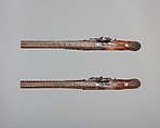 Pair of Pellet-Lock Pistols with Case with Accessories, Charles Moore (British, active in London and Paris, recorded ca. 1821–45), pistols: steel, wood (walnut), platinum, brass; case: wood (mahogany), textile, brass, bone, paper; powder flask: brass; bullet mold: steel; nipple wrench: wood (mahogany?), brass, steel; ramrod: wood (mahogany?), bronze, steel; spare nipples: steel; spare firing pins: steel, British, London