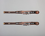 Pair of Pellet-Lock Pistols with Case with Accessories, Charles Moore (British, active in London and Paris, recorded ca. 1821–45), pistols: steel, wood (walnut), platinum, brass; case: wood (mahogany), textile, brass, bone, paper; powder flask: brass; bullet mold: steel; nipple wrench: wood (mahogany?), brass, steel; ramrod: wood (mahogany?), bronze, steel; spare nipples: steel; spare firing pins: steel, British, London