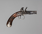 Over-and-Under Flintlock Pocket Pistol of the Hughes of Gwerclas Family with Case and Accessories, Joseph Egg (British (born France), Huningue 1775–1837 London), Pistol: steel, wood (walnut) silver, brass, gold, platinum; case: wood (mahogany), textile, brass; powder flask: brass, steel, leather, paper; ramrod: steel; cleaning rod: steel, bronze, British, London