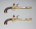 Pair of Flintlock Box-Lock Pistols with Bayonets, Steel, wood (walnut), silver, brass, British, Birmingham, and Spanish