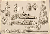 Design of a Flintlock, Side Plate, Butt Plate, and Trigger Guard, unnumbered plate from Nouveaux Desseins d'Arquebuserie Inventez et Gravez par Le Sr. Gillot, Claude Gillot  French, Etching, engraving, French, Paris